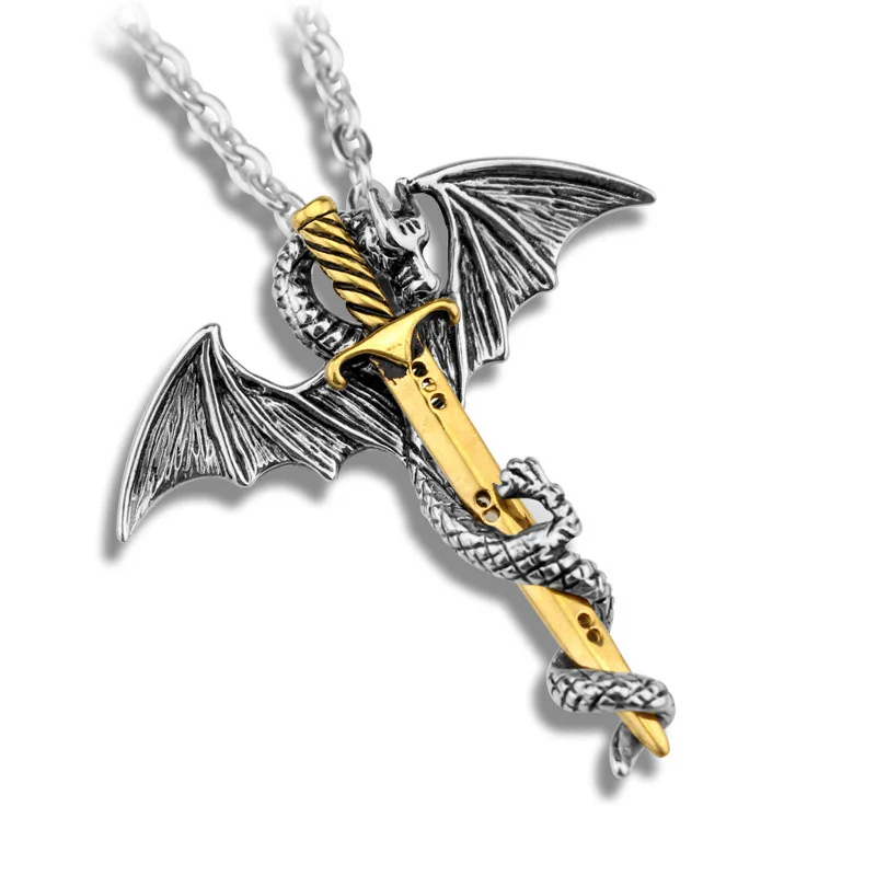Rock and roll fashion style,winged dragon gold sword luminous style,alloy necklace,boy and girl accessories,party accessories