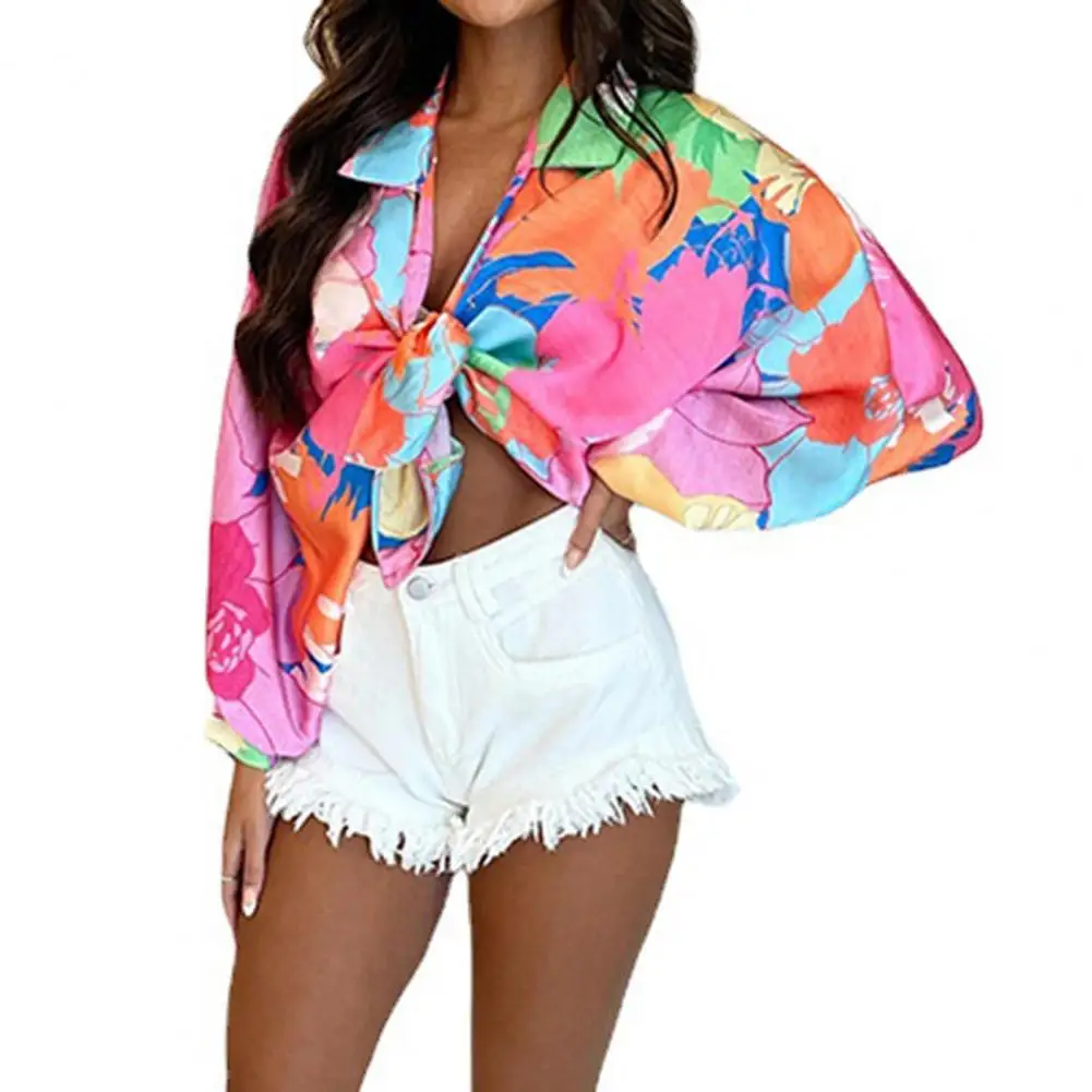 

Women Blouse Sleeve Breathable Bright Color Exquisite Pattern Turn-down Collar Sun Protection Polyester Sexy Printed Women Shirt