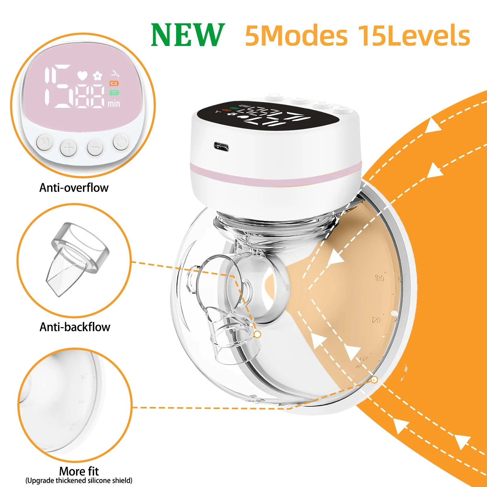 Hands Free Wearable Electric Breast Pump 5 Modes 15 Levels Wearable Breastpump Leak-Proof BPA Free Low Noise Breastfeeding