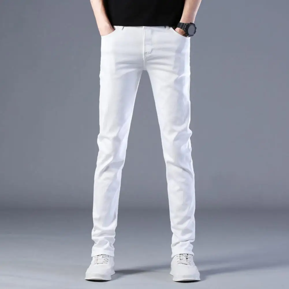 

Men Pants Slim Fit Solid Color Elastic Pockets Soft Breathable Zip Fly Closure Mid Waist Straight Business Style Casual Men Long