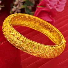 

24k Yellow Gold Plated Bracelet for Women Classical Carved Filigree Bridal Matte Bangle Wedding Anniversary Fine Jewelry Gifts