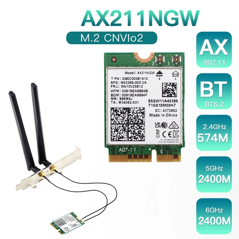 

Беспроводная сетевая карта, печатная плата AX211NGW + двойная антенна Wifi 6E M.2 Key E Cnvio2 2,4 ГГц/5 ГГц 802.11Ac Bluetooth 5,2 адаптер