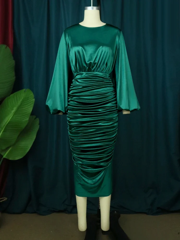 Long Sleeve Green Dresses Bodycon Elastic Satin Smocked Midi