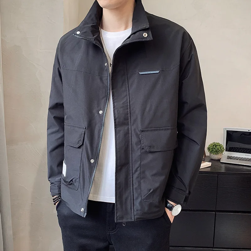 

Men's Double Layer Trench Coat Cargo Jacket Fashion New Korean Fashion Big Pocket Baggy Balck White Casual Windbreaker Outerwear