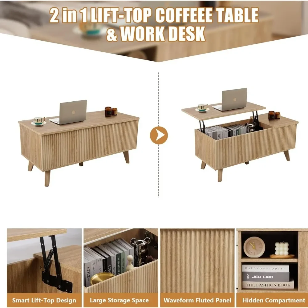 Wooden Fluted Lift Top Coffee Table with Hidden Compartment, Modern Rectangle Center Tables with Adjustable Storage Shelf, Lift 4