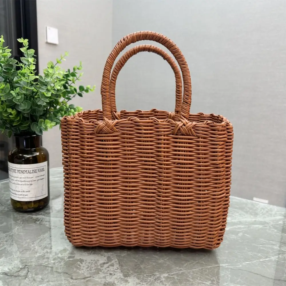 New Imitation Rattan Storage Basket Square with Handle Hanging Baskets Plastic Hand-woven Woven Handbag Flower