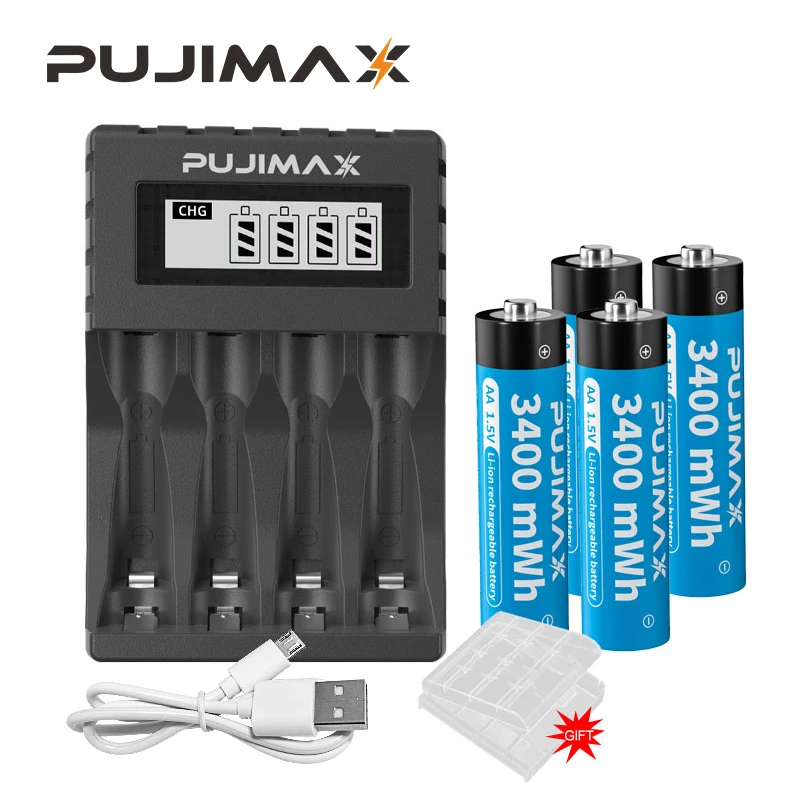 

PUJIMAX Smart 4-slot AA 1.5V Battery Charger LCD Display+4Pcs 1.5V 3400mWh Rechargeable Lithium Li-ion Battery For Microphone