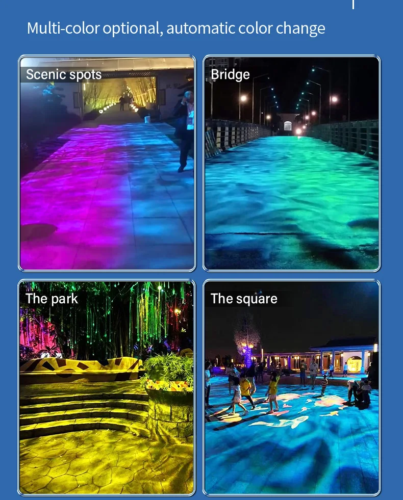 Four images showcasing colorful outdoor atmospheres with lighting at various locations: a pink and blue lit walkway, a green and blue waterproof bridge, a yellow illuminated park, and a blue-lighted square.