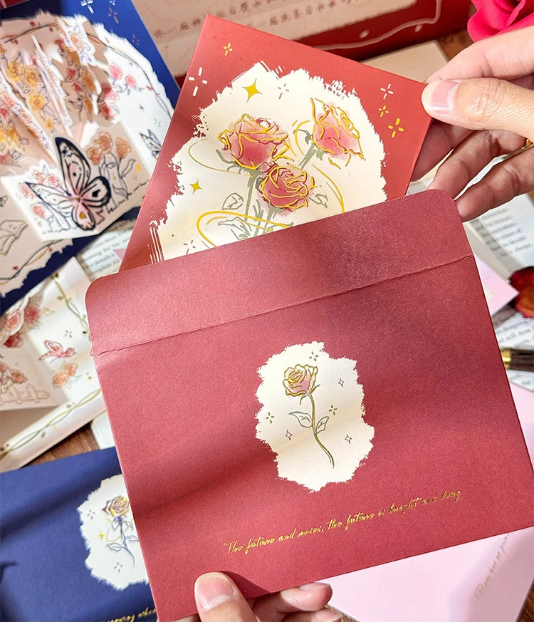 3D Pop-up Creative Card for Wife Friends Valentines Day Gift Wedding Greeting Card Birthday Flower Greeting with Envelope