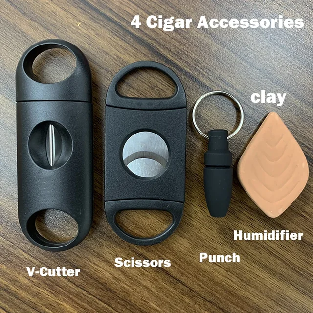 Yellow Classic 4 Cigar Set Cigar Cutter Pocket Ashtray V-Cut Sharp Puro Scissors Guillotine Punch Knife Cuba Cigar Accessories - Image 6