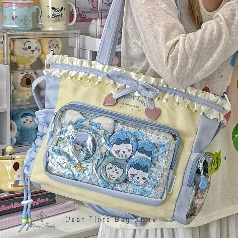 Neue Y2k Süße Schulter Tasche Lolita Mädchen Transparente Einkaufstasche Frauen Große Kapazität Spitze Bogen Umhängetasche Nette DIY Display Handtasche