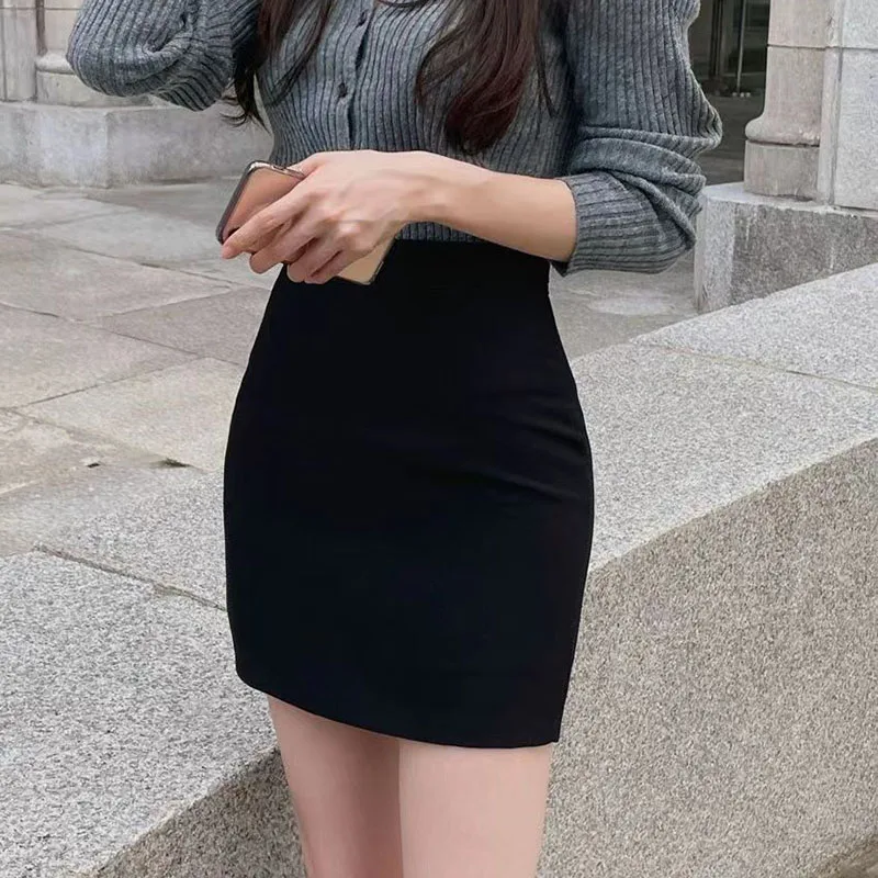 Xpqbb Black Gray Women's Mini Skirt Korean Fashion High Waist OL Office Package Hip Skirts Ladies Solid Simple Pencil Skirt 5