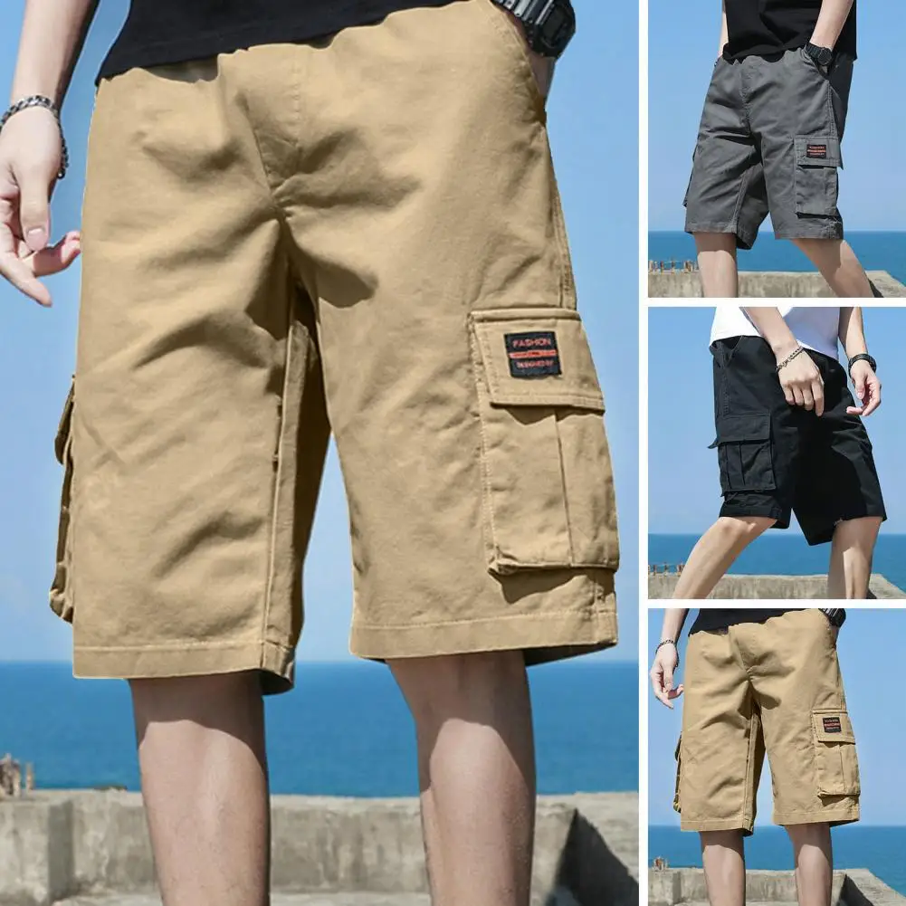 Men Shorts Breathable Men\'s Cargo Shorts with Elastic Waist Multi Pockets for Summer Streetwear Loose Fit Knee Length Sport
