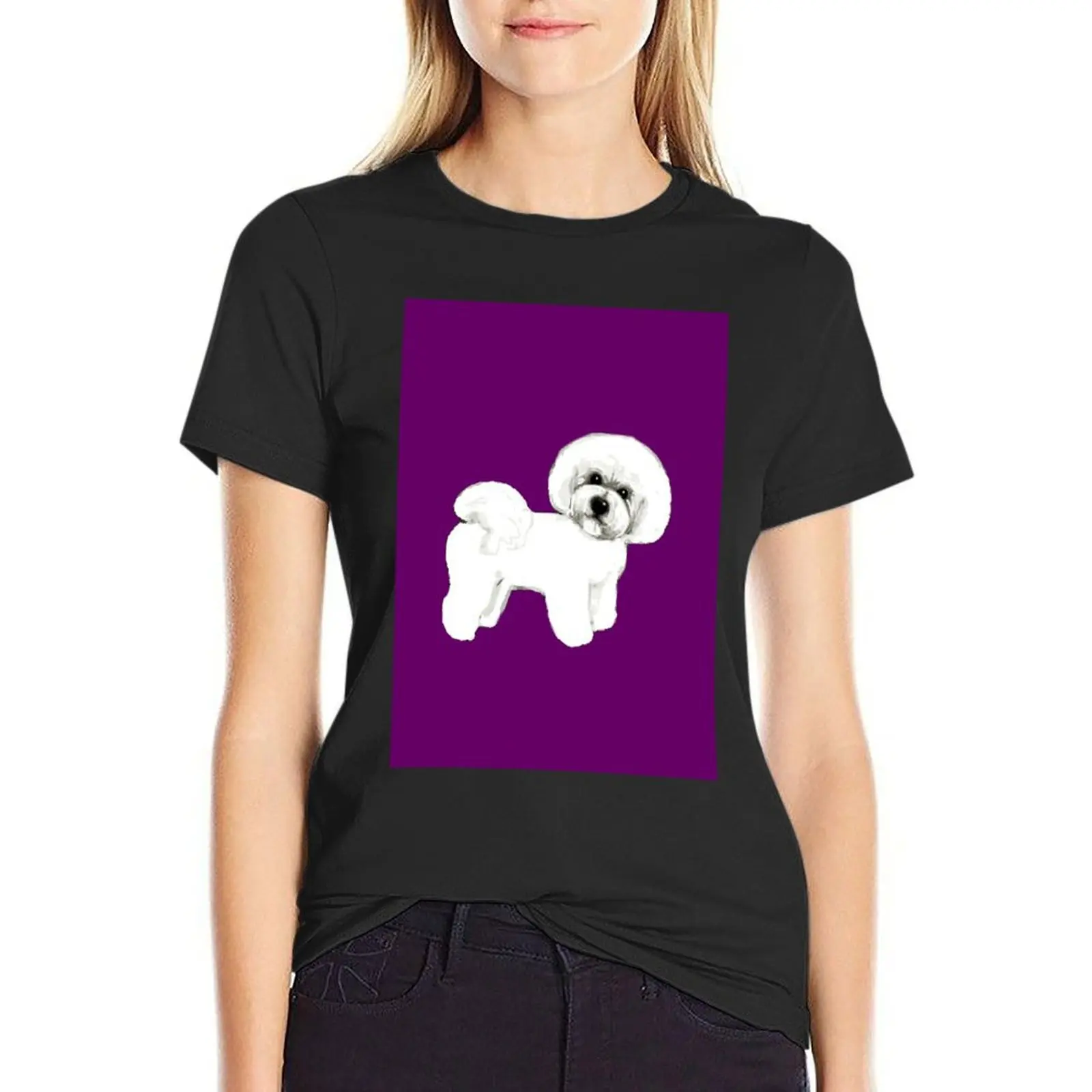 

Bichon Frise dog on Ultraviolet,Pantone Ultraviolet T-Shirt graphics Short sleeve tee Blouse korean fashion tops for Women