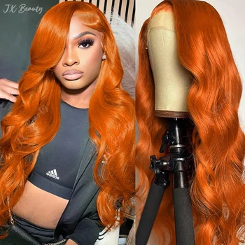 Ginger Orange Body Wave 13x6 Transparent Lace Front Wig Human Hair for Women #350 Colored Pre Plucked Natural Hairline 200% 1