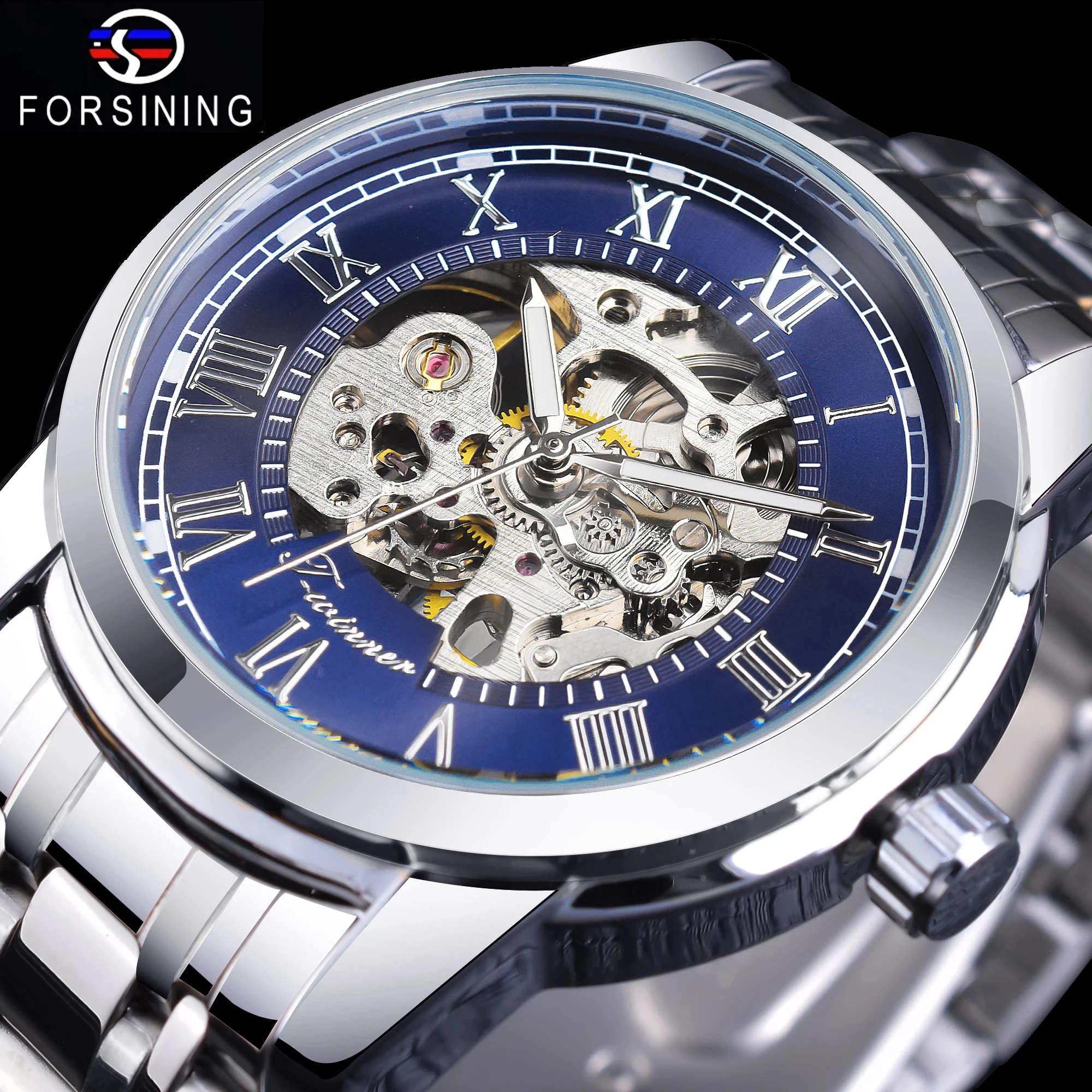 Forsining Hollow Open Work Blue Dial Silver Stainless Steel Waterproof Retro 3D Skeleton Automatic Mechanical Wrist Watch Clock dante men belts metal automatic buckle brand high quality leather belts for men famous brand luxury work business strap
