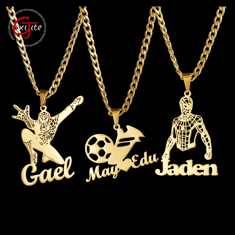 Goxijite Personalized Children's Name Pattern Necklace Stainless Steel Customized Cartoon Design Nameplate Pendant Gift For Kids cukup 2022 unique design scorpion pattern buckles metal men s nice quality nylon