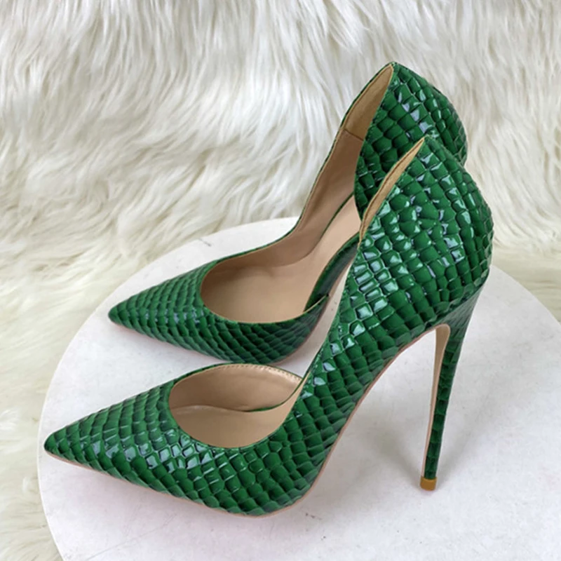 

Snake pattern elegant shoes 12cm high heel shallow green pointed toe office nightclub models stiletto pumps QP198 ROVICIYA