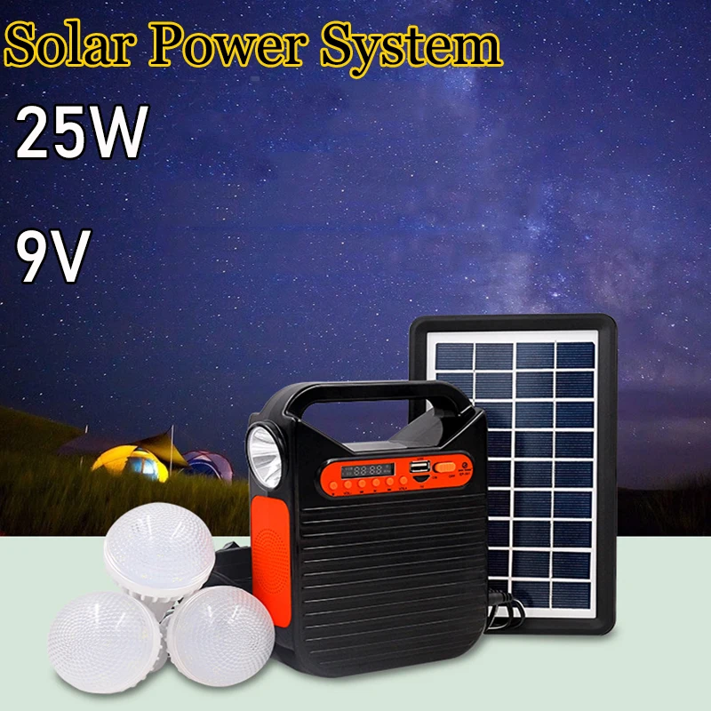 

25W Portable Solar Power Panel Generator Kit with bluetooth FM Radio 3 LED Bulbs Emergency Lighting for Outdoor Tour Camping