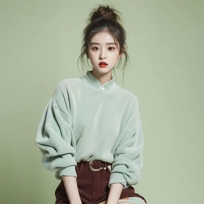 Corea Camicia Donna Colletto Alla Coreana Casual Manica Lunga Sciolto Autunno Primavera Estate 2024 Nuovo