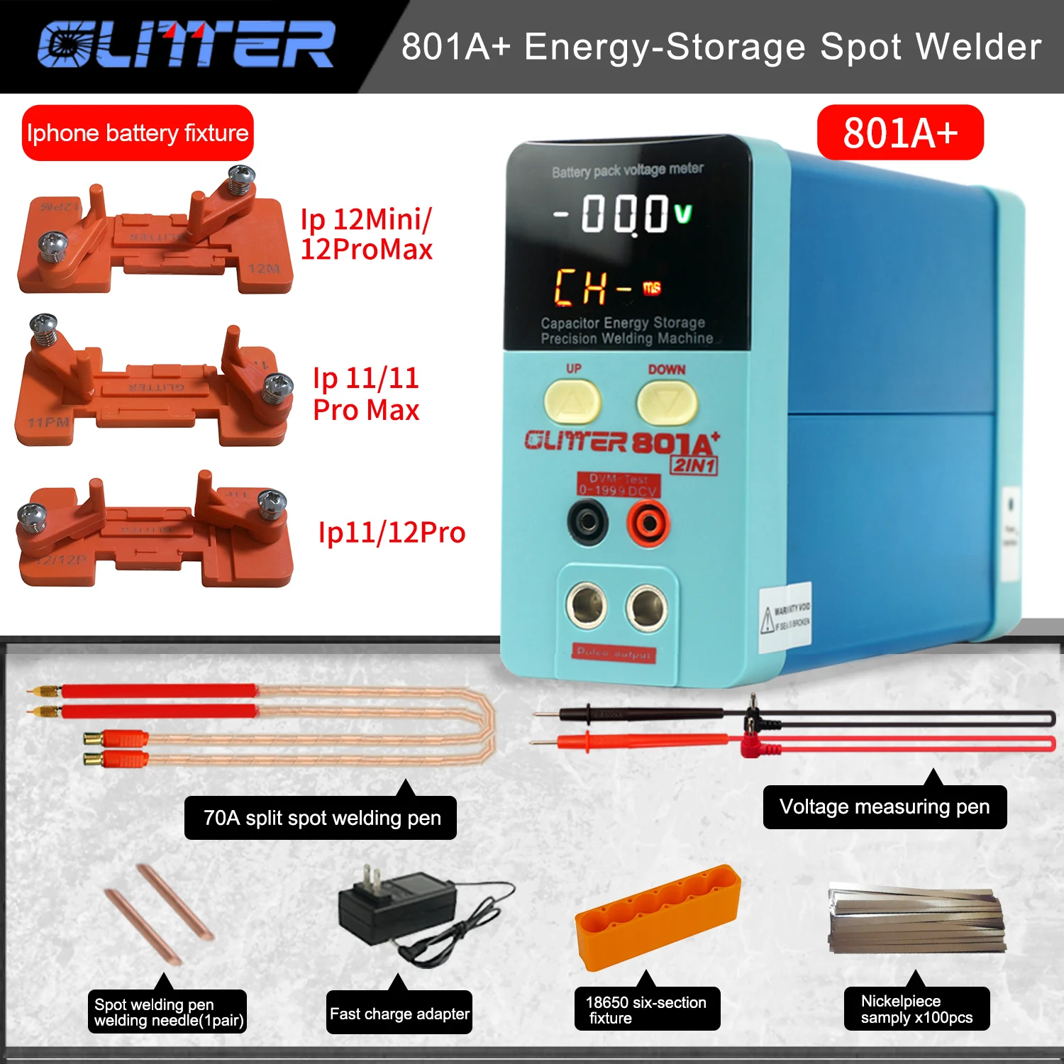 11.6KW Glitter 801A+ Spot Welder Household DIY 18650 Handheld Capacitor Energy Storage Spot Welder Mobile Phone Battery Repair 3
