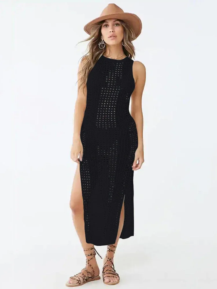 Bikini Smock for Women's Sleeveless Crochet Dress, Knitted Fashion Beach Solid Color Side Slit O-neck Summer Beach Swimsuit