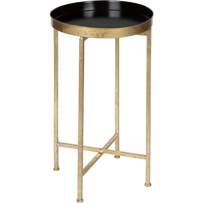 Round Metal Foldable Tray Accent Table, Black with Gold Base