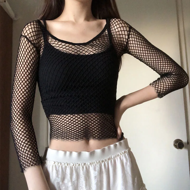 Goth Fishnet Grunge Mall Gothic Women's Sexy T-shirts Punk Black White Transparent Basic Crop Tops Skinny Fashion Clothing Alt 2