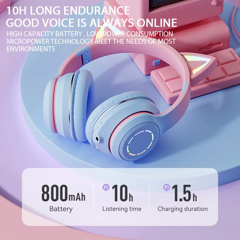 Casque sans fil Cat Ear avec lumière LED RVB, casque Bluetooth, téléphone  stéréo, musique, PC, joueur, ordinateur portable, cadeau pour enfants,  filles, mignon - AliExpress