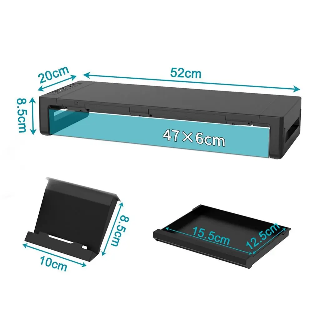 RGB 조명 모니터 스탠드 라이저, USB 3.0 & 2.0 허브, 접이식 노트북 거치대, 인체공학적 디자인, 수납 서랍 포함