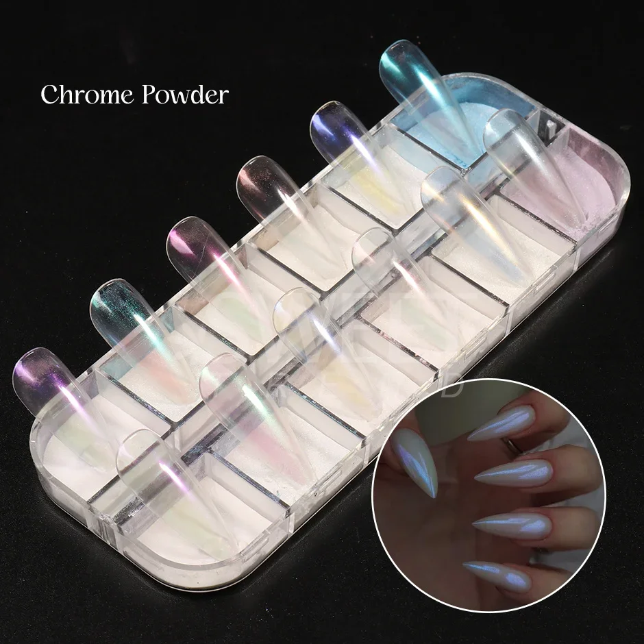 12 Grids Pearl Mermaid Colorful Nail Powder Fairy White Gloss Nails Art Pigment UV Gel Polish Mirror Chrome Dust Aurora Manicure
