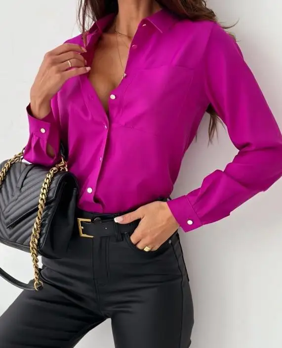 2024 Autumn Casual Long Sleeve Simple Solid V-Neck Fashion Women Shirt anb Blouse Female Pullovre Basics Tops Elegant Office