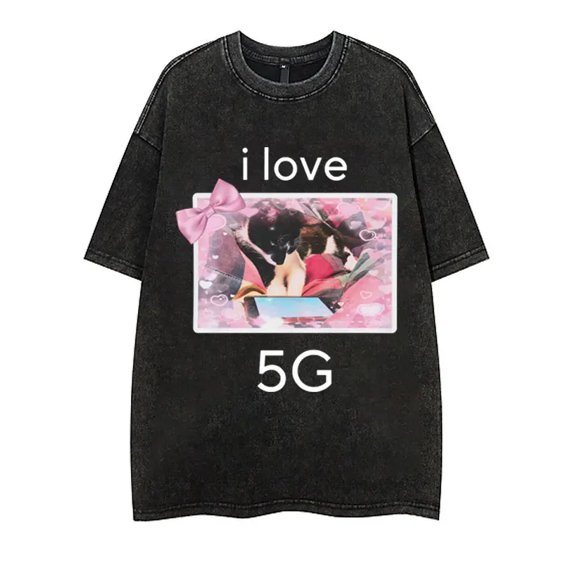 

Смешные футболки с надписью «I Love 5G Cat with Phone Meme», мужские и женские повседневные винтажные футболки с шуточным юмором, милые стираемые футболки