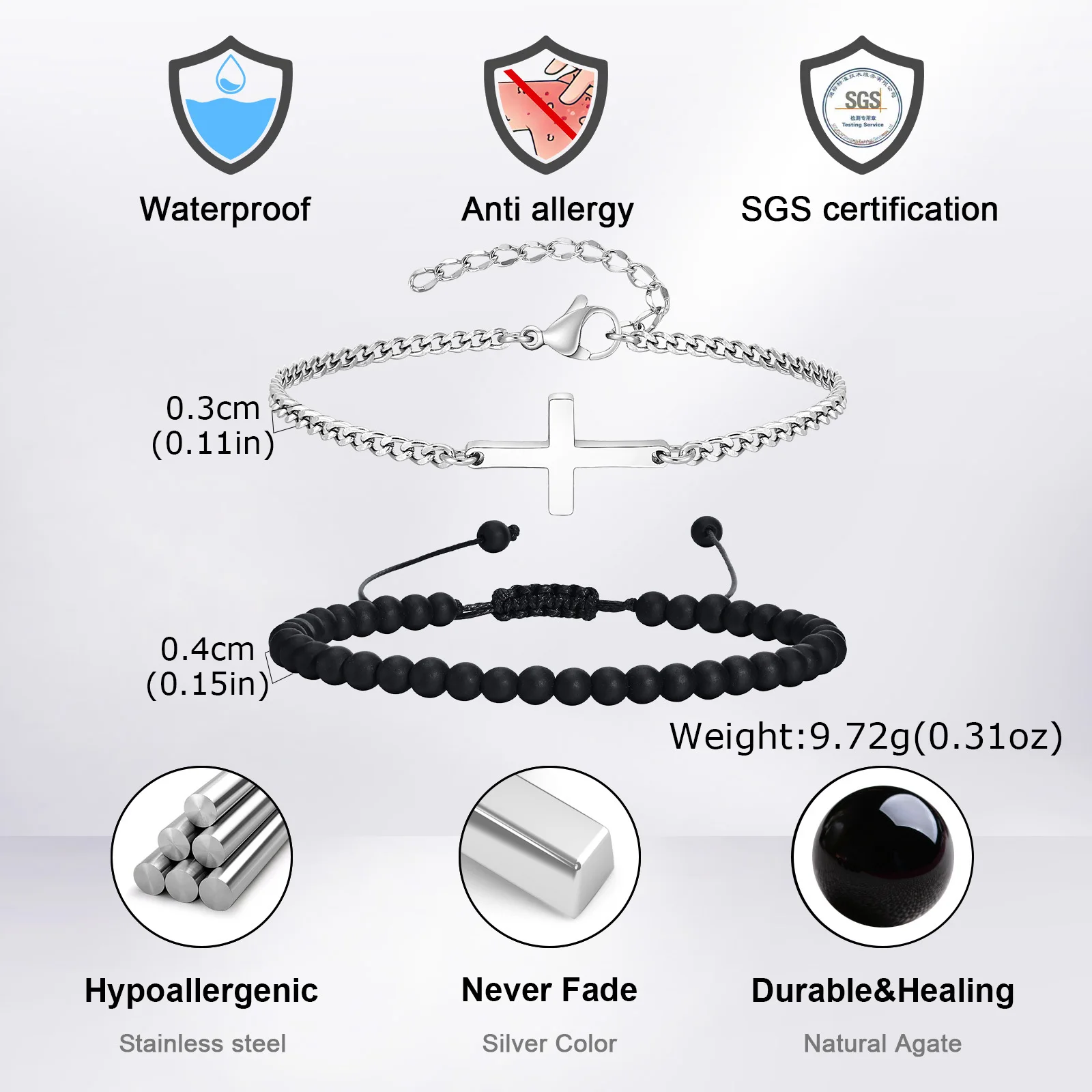 2pcs/set Cross Chain Bracelet for Men,Casual Black Natural Stone Beaded Adjustable Wristband,Jewelry Gift for Husband Dad BBF