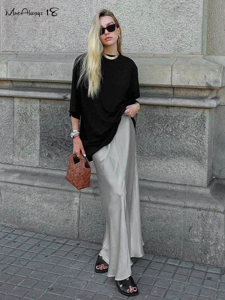 

Mnealways18 Gray Luxury Elegant Mermaid Skirts Women's Ankle-Length High Waist Satin Skirts Street Style Female Long Skirts 2024