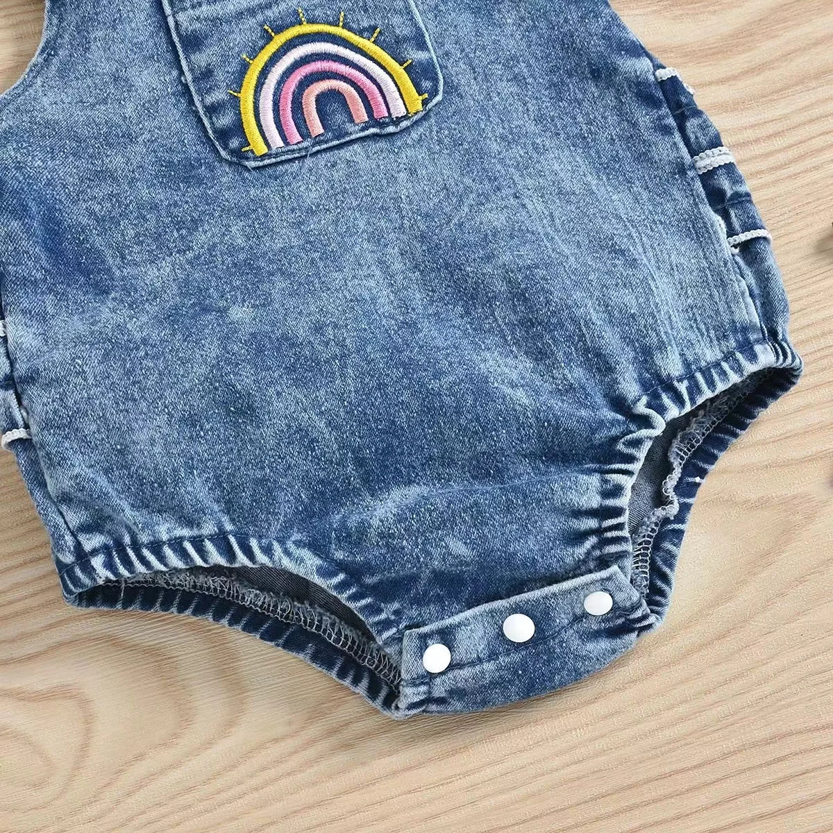 Cotton romper trendy denim shirred trim sleeveless baby girls jumpsuit infant newborn summer clothing
