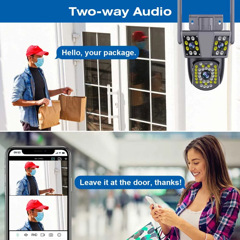 Outdoor External 6K 12MP FHD IP Camera 3 Lens 3Screens WiFi Camera 4K Dual Screen Auto Tracking Security PTZ Camera IPC360 4