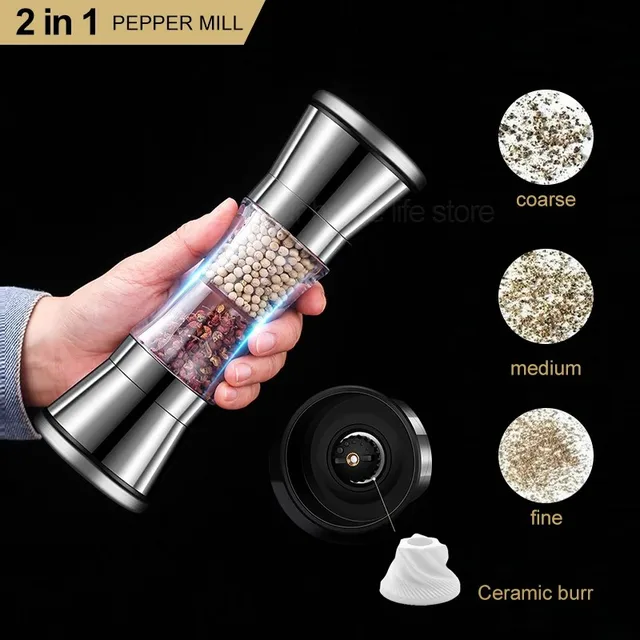 Two-in-one Pepper Grinder Stainless Steel Double-head Kitchen Gadgets Sea Salt Spice Manual Two-head Grinder 4