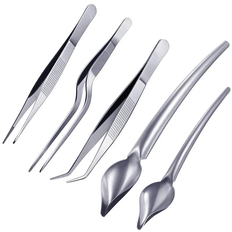 Stainless Steel Cooking Tweezers Precision Tongs with Serrated Tips Culinary Drawing Spoons for Plates Decorating 5-Piece