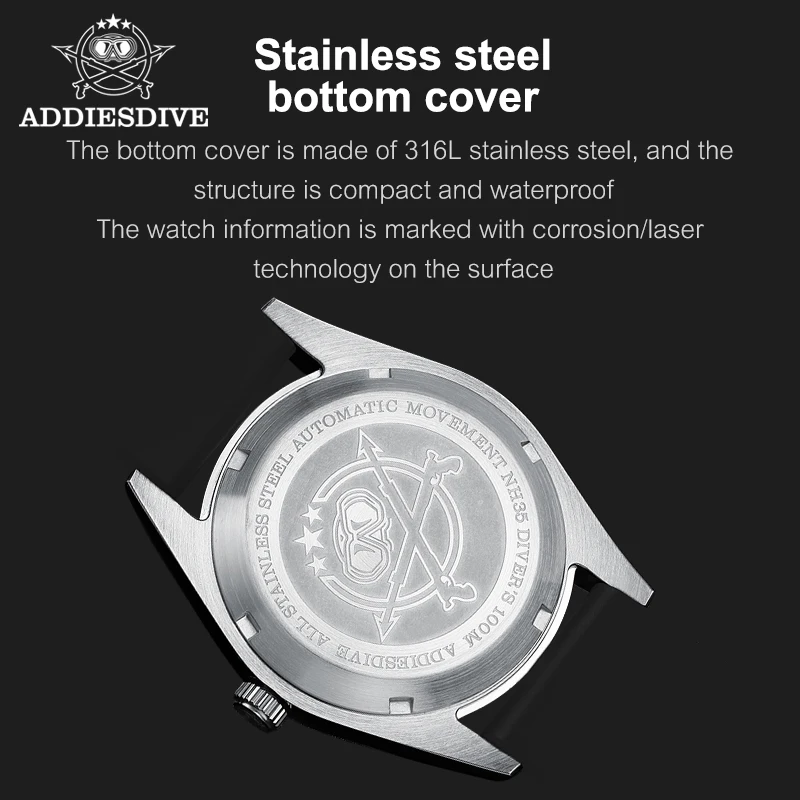 Addiesdive Men's Diving Watch Automatic Blue Luminous Bubble Mirror Pot Cover Glass NH35A Sapphire Steel Band Waterproof Watch
