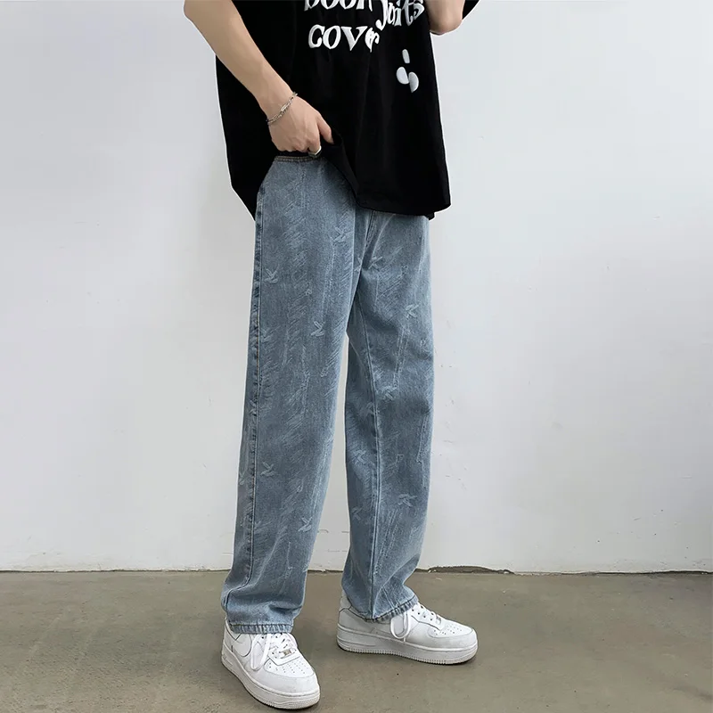 Jeans Men Design Print Mid Waist Oversize Baggy Jean Streetwear Zipper Fly Straight Denim Trousers Hip Hop Retro Teens Men