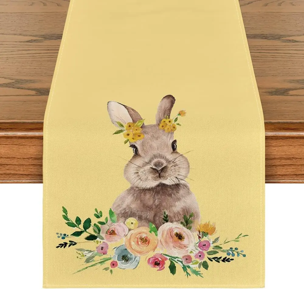 

Easter Bunny Yellow Linen Table Runner Seasonal Spring Flowers Holiday Kitchen Dining Table Runner for Home Party Decorations