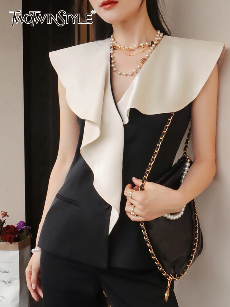 

TWOTWINSTYLE Hit Color Slimming Vests For Women V Neck Sleeveless Tunic Patchwork Ruffles Summer Tank Tops Female Fashion 2023
