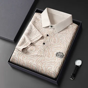 Polo Casual da Uomo Stampata a Maniche Corte, Ricamata in Seta Ghiaccio Leggera e Traspirante, Top Estivo