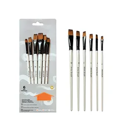 Two-tone Nylon Hair Brush Set - Pearl White Wood Handle for Oil and Watercolor Painting (6-Piece Beginner's Set) (Flat head set)