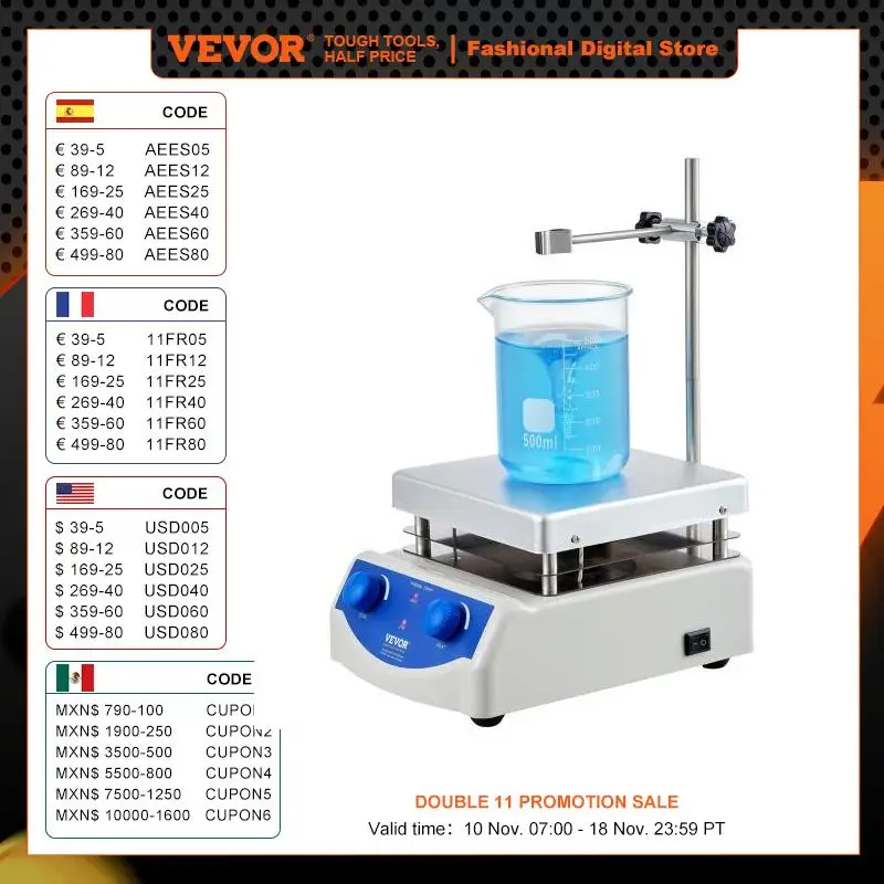 Magnetic Stirrer VEVOR Magnetic Stirrer Hot Plate 0-1500/2000 RPM Hot Plate w/ Magnetic Stirrer 2L/3L/5L/20L Stir Bars Included