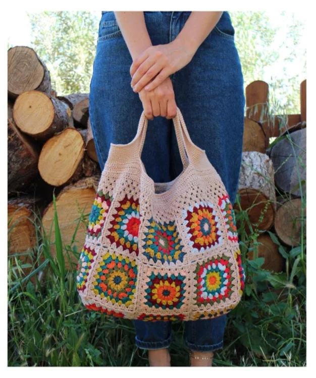 Colorful crochet boho chic granny square Gran Tote handbag Beige