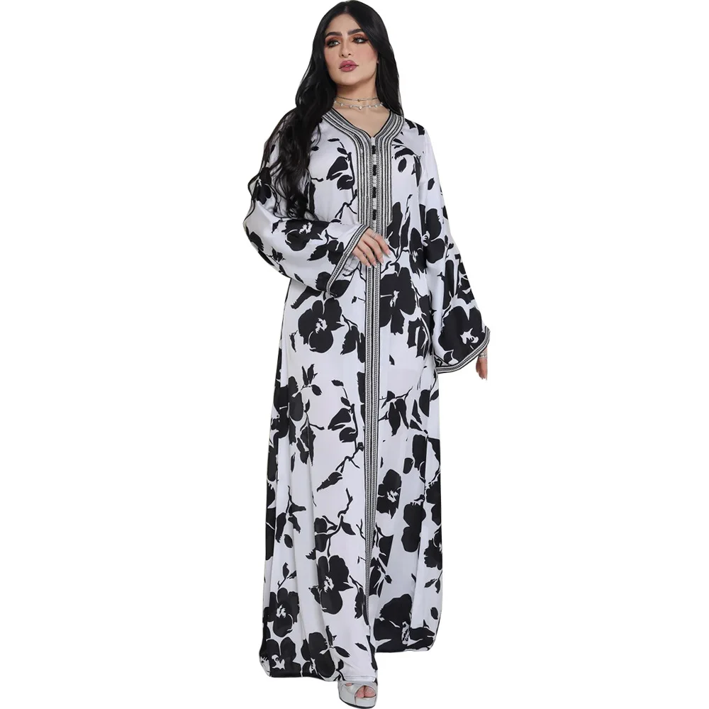 

Muslim Fashion 2023 Spring Summer Muslim Women V-neck Long Sleeve Polyester Printing Long Abaya Muslim Dresses Abayas for Women