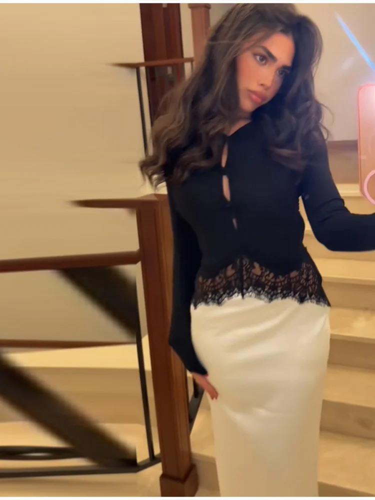 Modisches Spitzen-Maxikleid für Damen, Elegantes Langarm-Kleid mit Ausschnitten, Hoher Taille und Schlanker Silhouette, Frühling 2026 Abendkleid für Damen – Detail 3