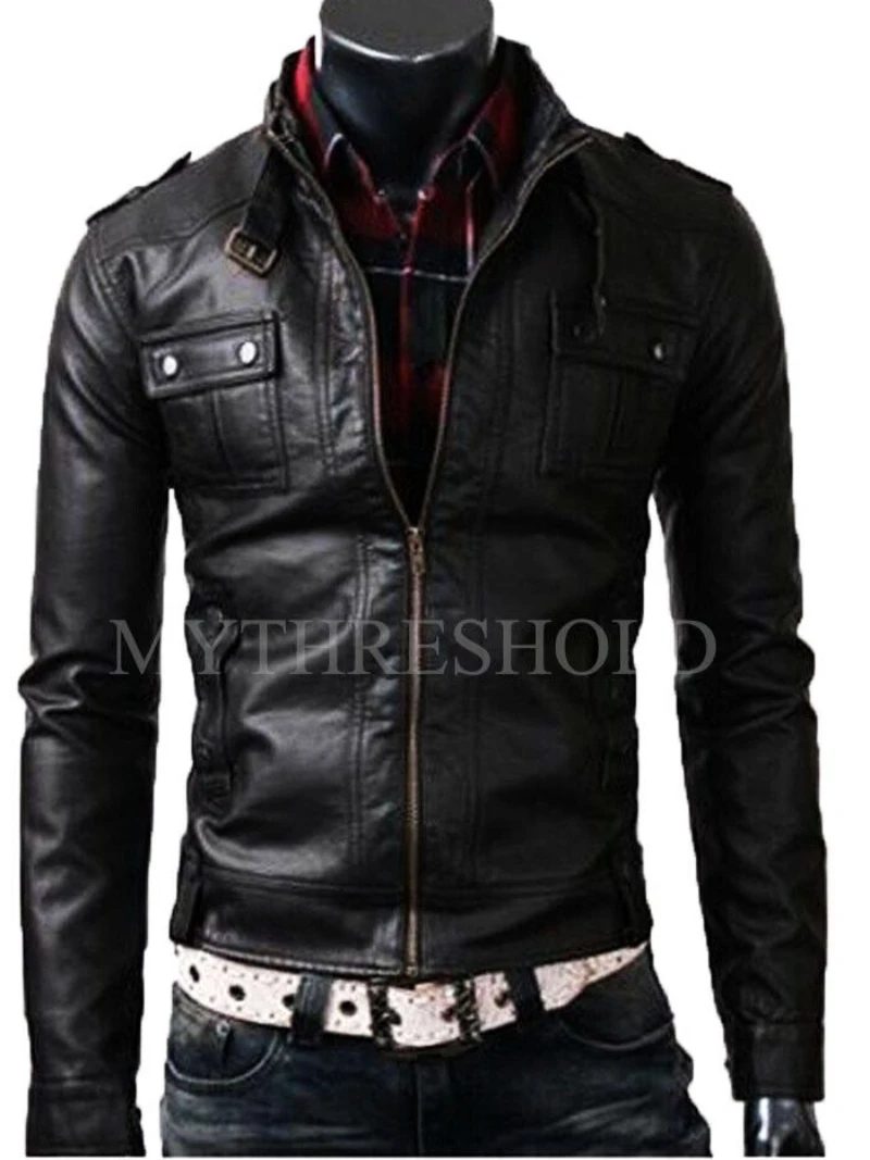 Men Leather Jacket Biker Vintage Motorcycle Rider Slim Fit Black Real Coat Genuine Leather Men Outwear